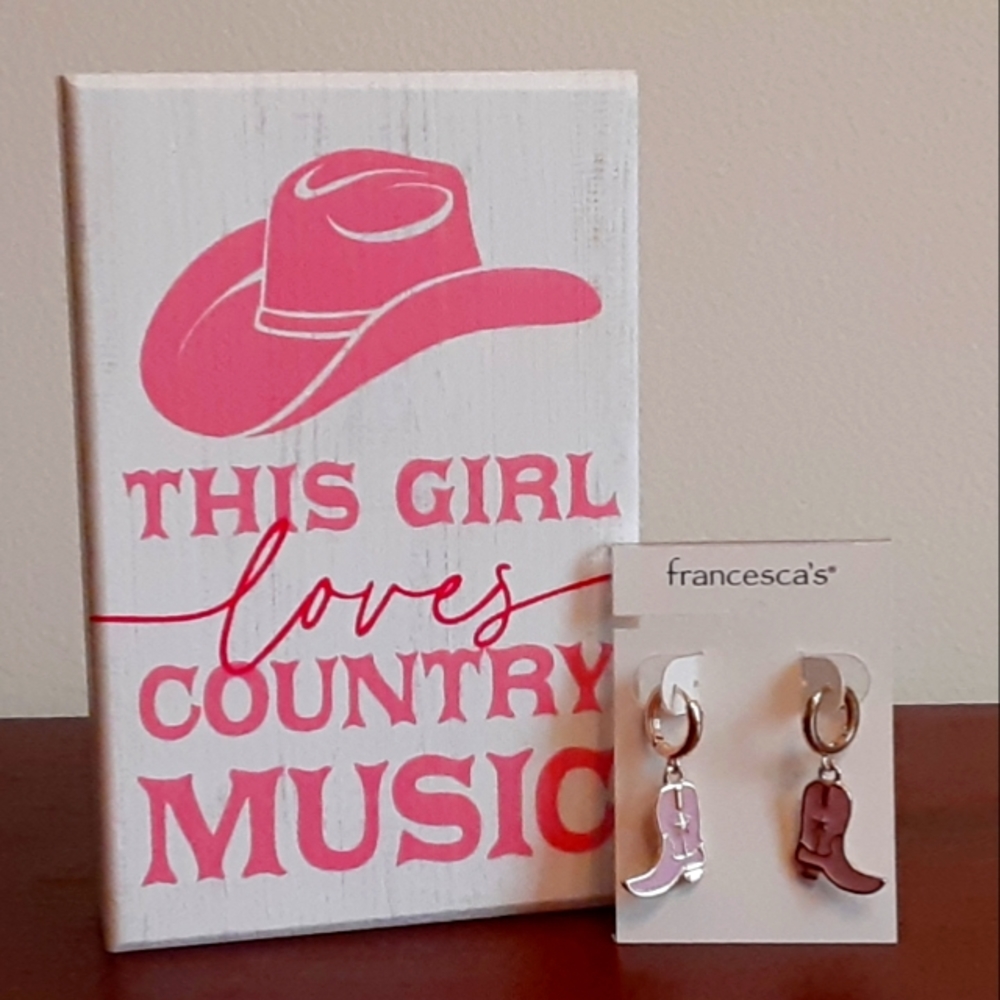 Cowgirl Block Sign and Cowboy Boot Earrings